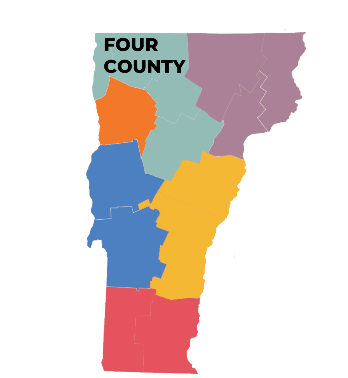 A map of Vermont that shows the Creative Zones highlighted in various colors. The Four-County Zone is highlighted teal.