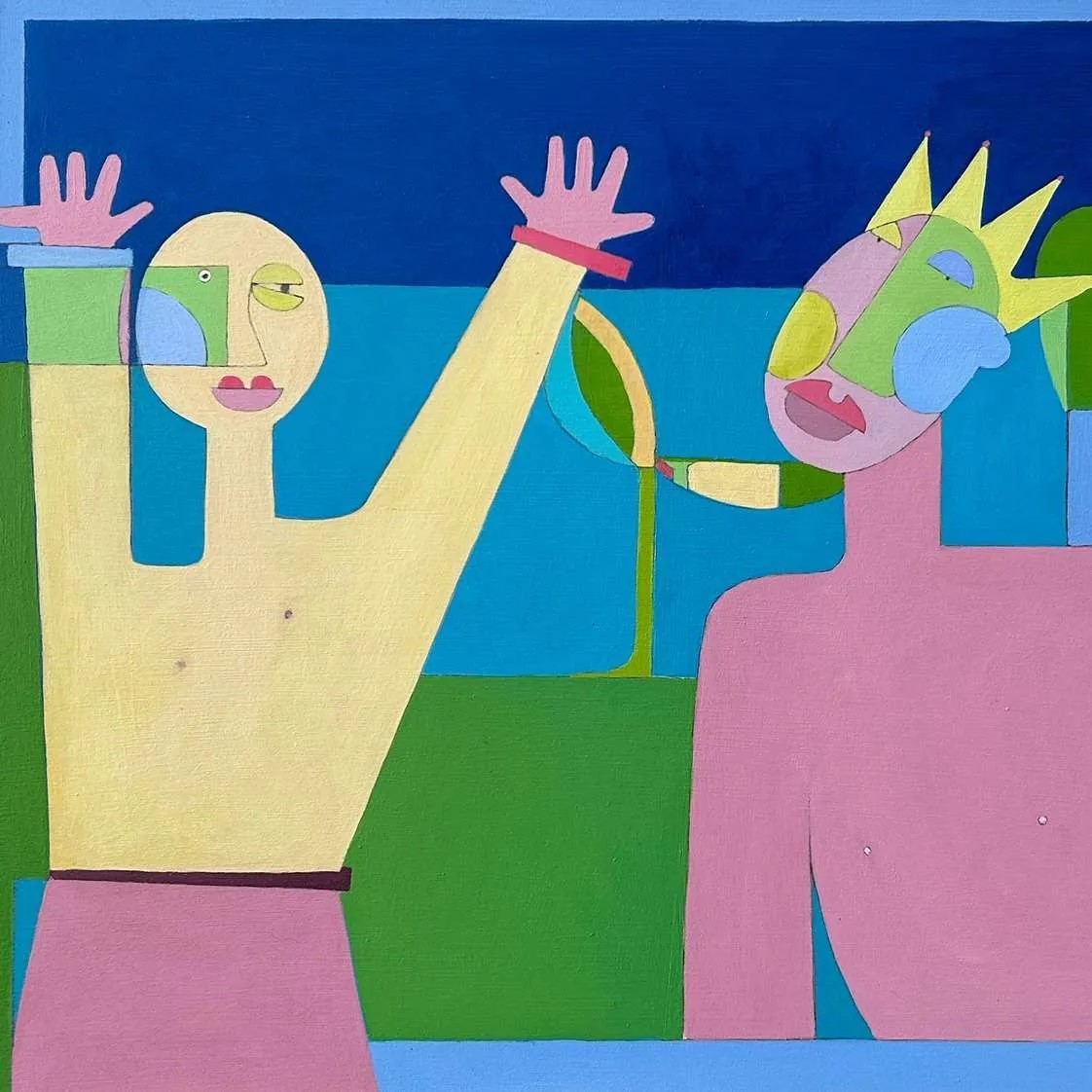 Two colorful abstract figures reaching their arms into the air 