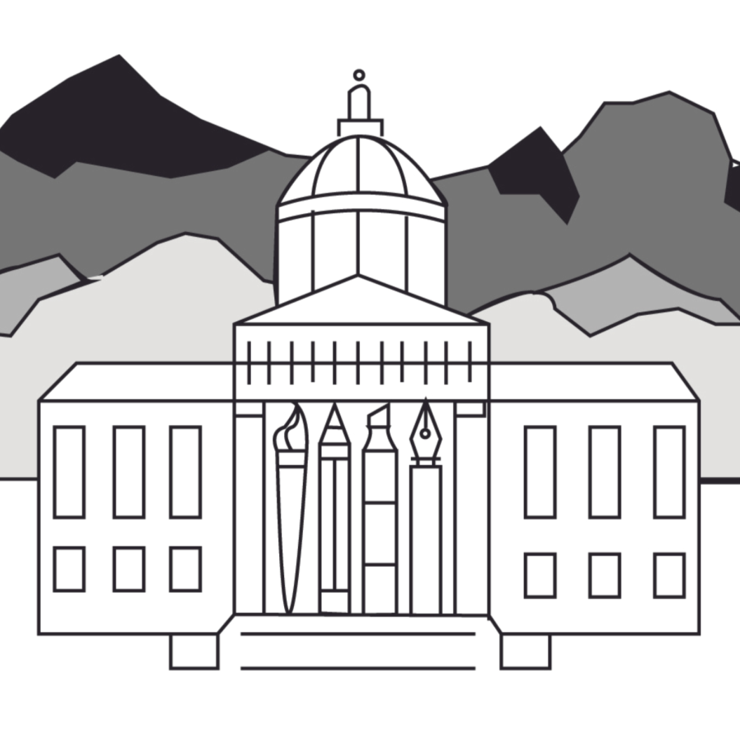 An illustration of the Vermont State House, with brushes and pens replacing the pillars 