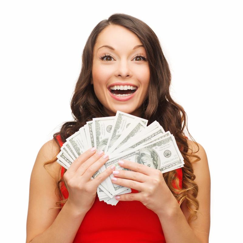 christmas, x-mas, sale, banking concept - smiling woman in red dress with us dollar money