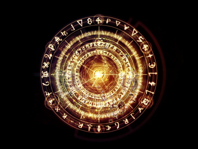 Orbits of Destiny series. Abstract design made of sacred symbols signs geometry and designs on the subject of astrology alchemy magic witchcraft and fortune telling