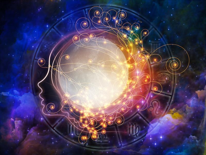Inner Moon series. Backdrop of moon human profile and astrological symbols on the subject of spirit world dreams imagination astrology and the mind