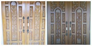 Teaks Door Refinished showing before and after