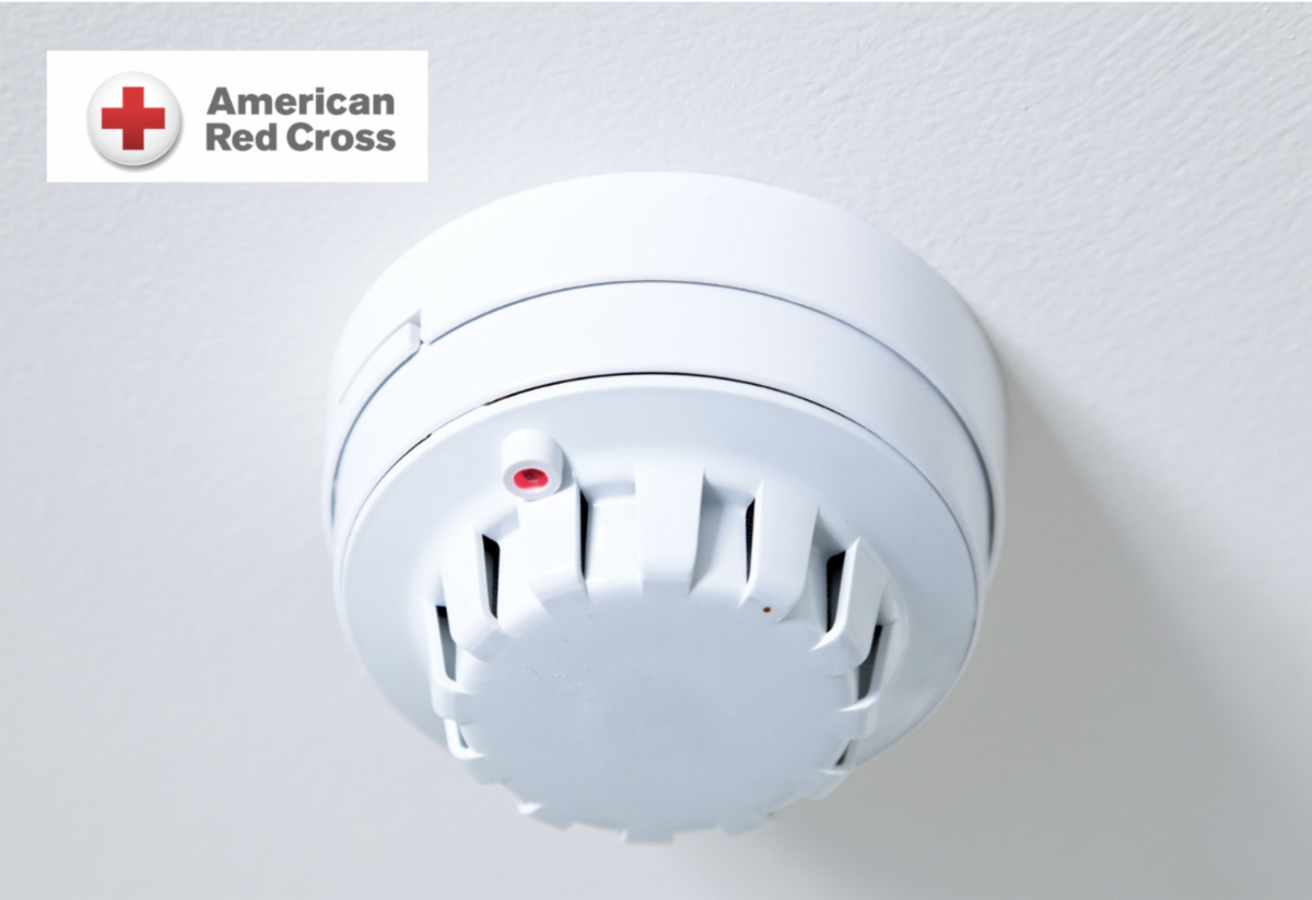 Photo shows a smoke detector with the American Red Cross logo
