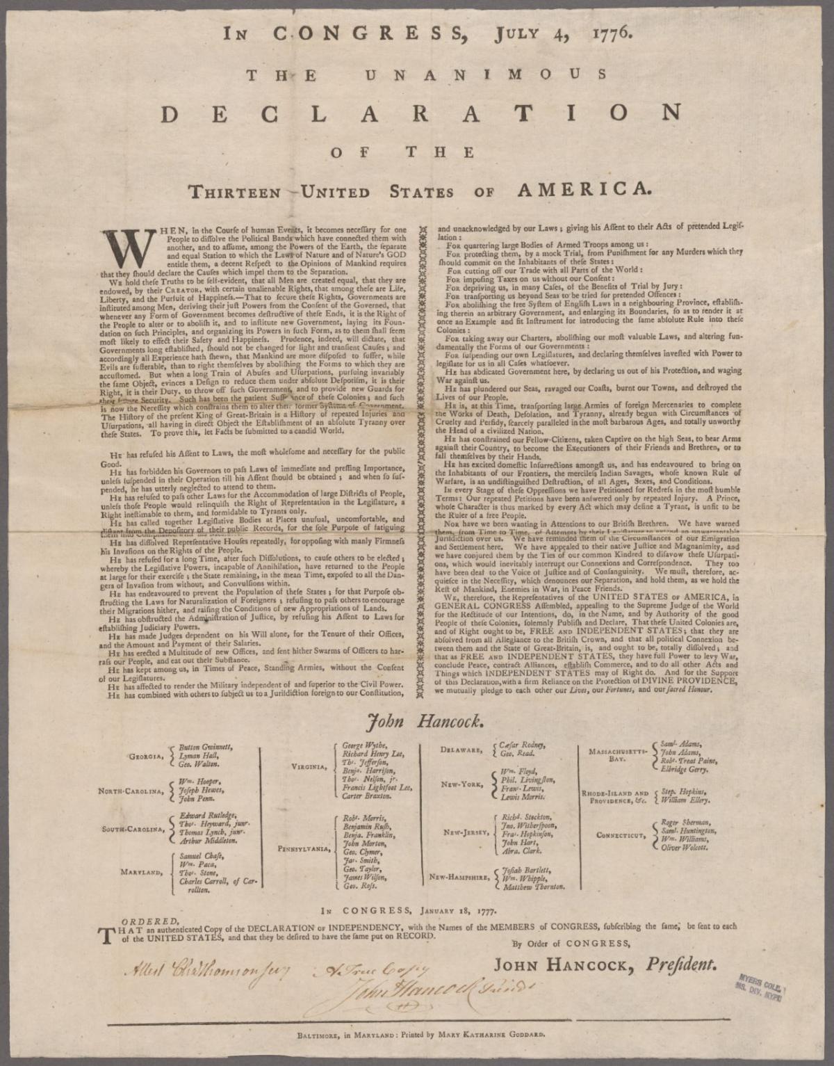 BEGINNINGS Goddard Printed Declaration of Independence.jpeg