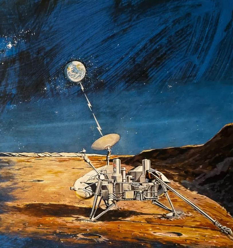 Artwork showing a Viking lander on Mars beaming data back to Earth