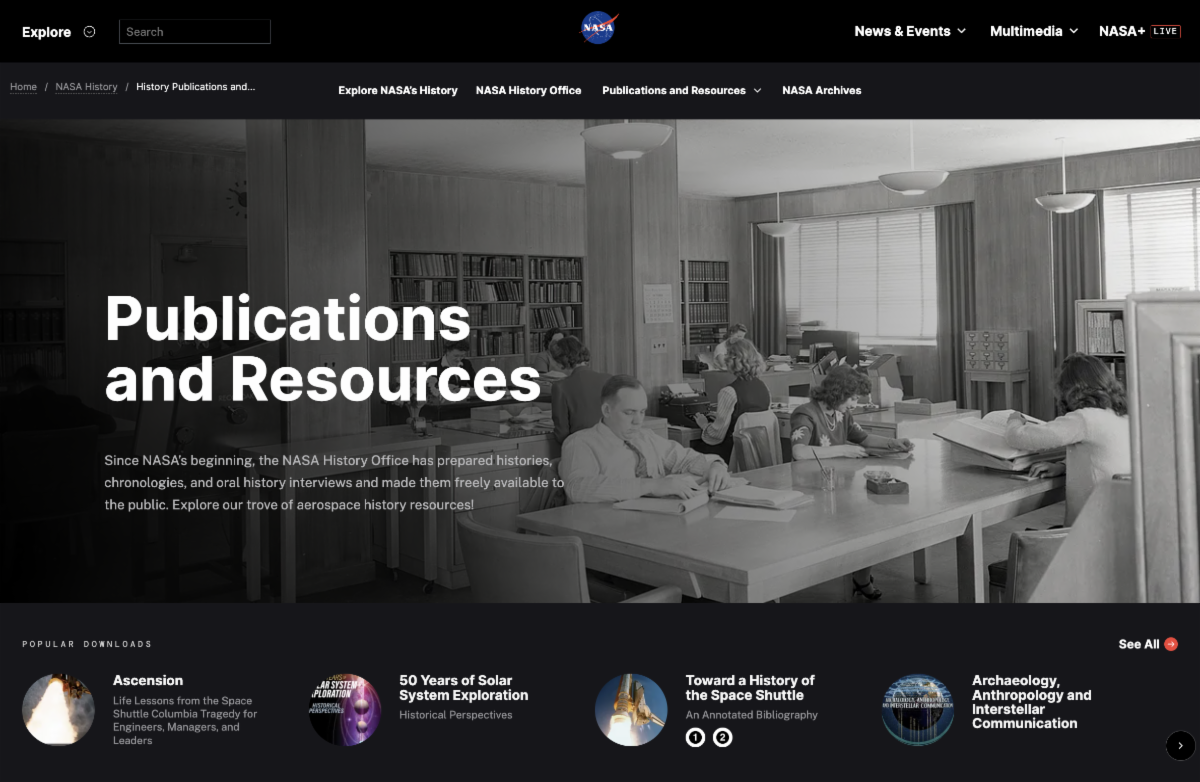 Screenshot of the History Publications and Resources page at www.nasa.gov.