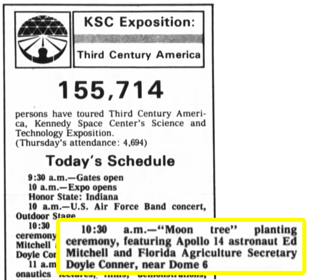 Newspaper article listing the schedule of events the KSC Third Century America exposition, highlighting the Moon Tree planting.