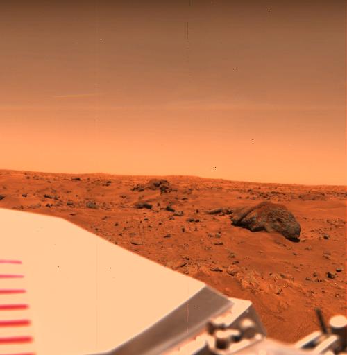 Color image taken by Viking 1 showing the large boulder nicknamed Big Joe.