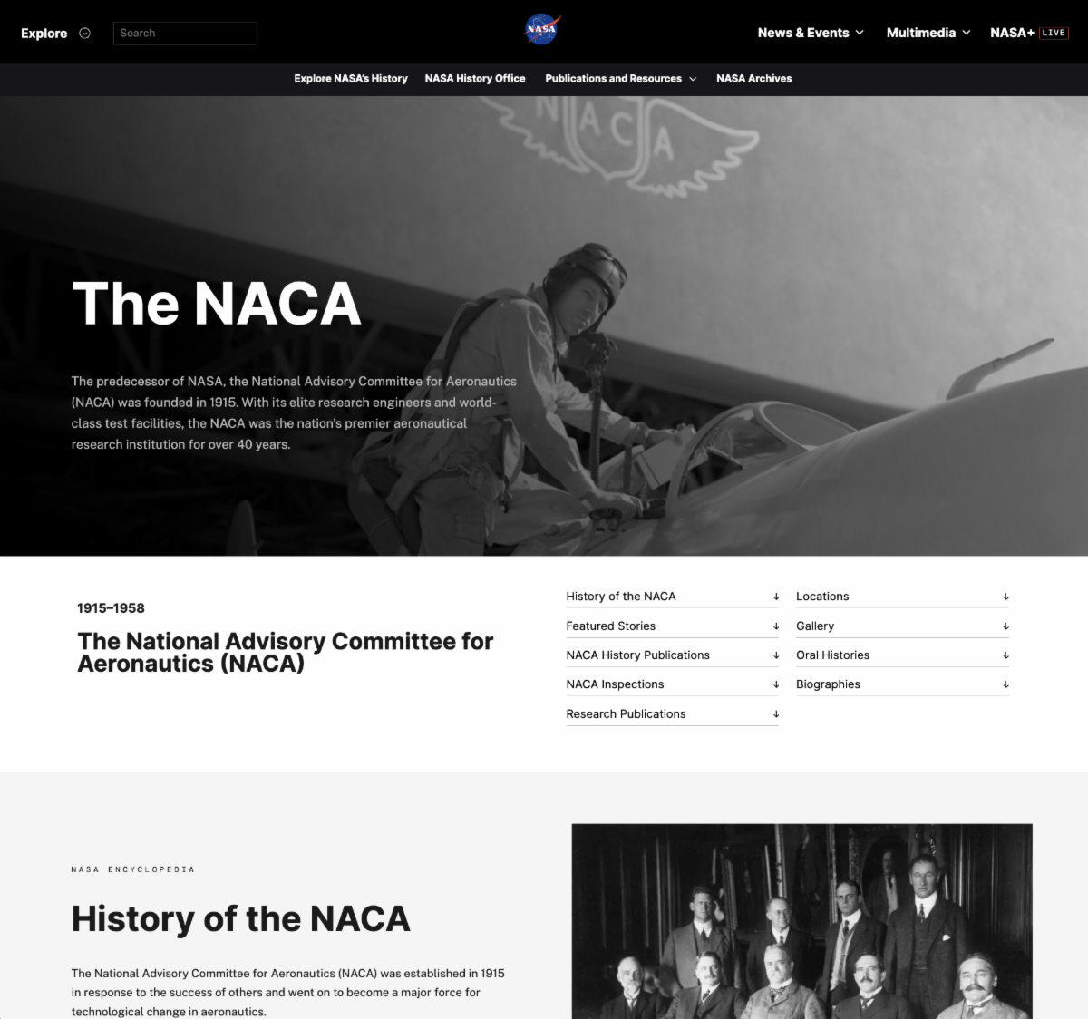 Screenshot from the NACA topic page on the nasa.gov website.