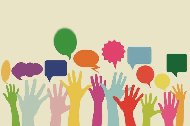 Drawing of people raising their hands to comment or to ask a question. Thinking bubbles above their hands. 