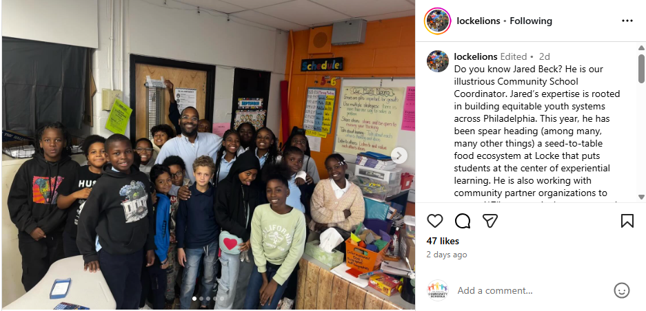 social media screenshot showing a coordinator in a classroom with students