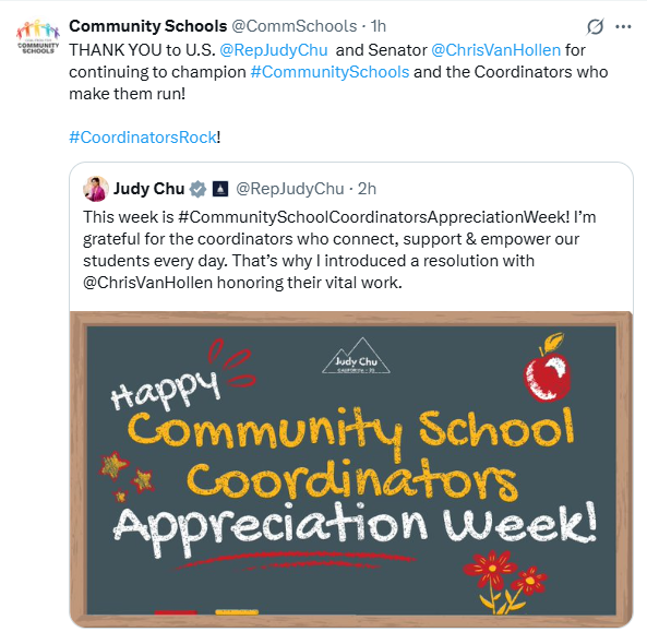 screenshot of Judy Chu's post celebrating Coordinators Appreciation Week