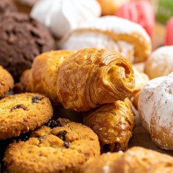 Baked goods including cookies and croissants