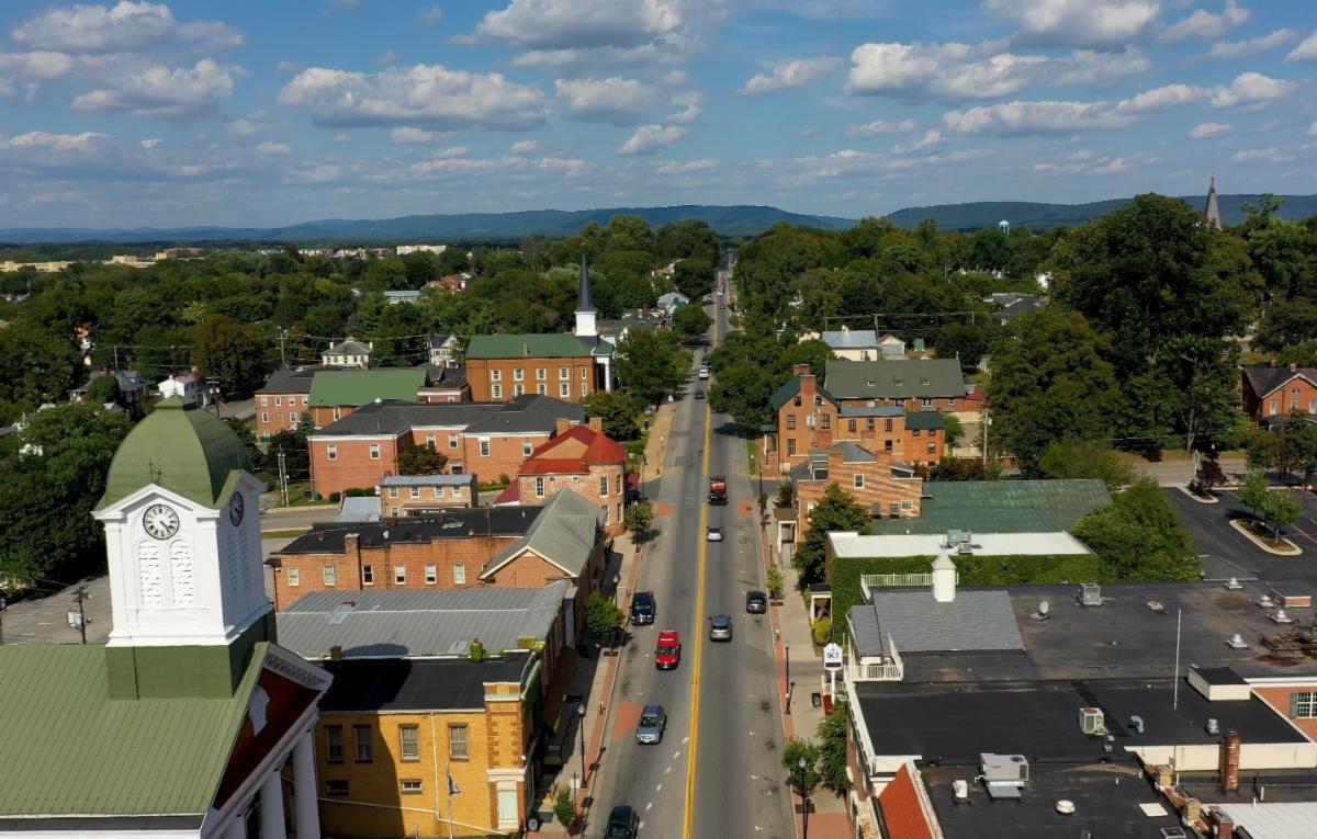 Aerial view of a rural town's main street