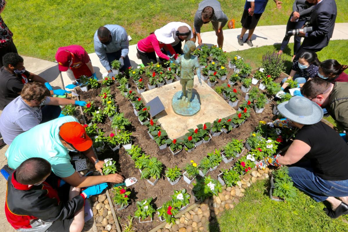 Students and guests kneel around flower bed surrounding statue as they plant. 