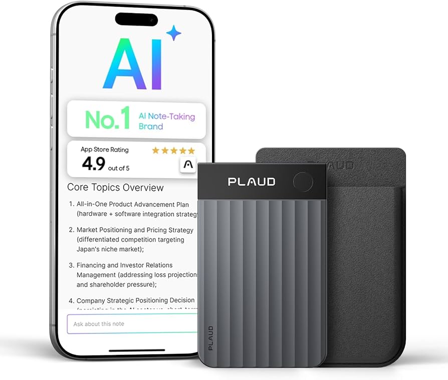 The Plaud Note device next to a smartphone with the Plaud app open