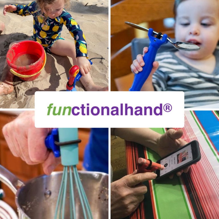 4 small pictures of the functional hand in use, including a girl using functional hand to hold a sand shovel, a baby using it to eat, a person using it to whisk batter, and a person using it to hold a stylus for their phone