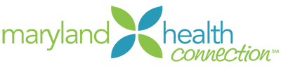 Green and blue letters with 4-petal flower logo words _Maryland health Connection_
