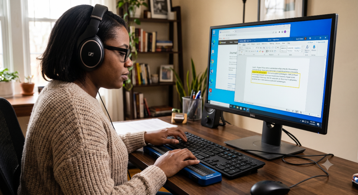 Gemini generated image of a woman using a braille display with a screen reader to read a Word document