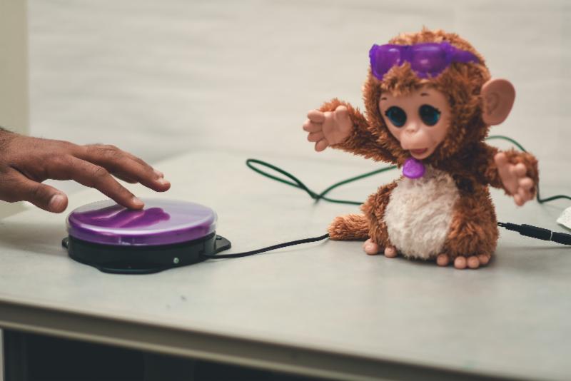 toy stuffed monkey on table connected to large button switch