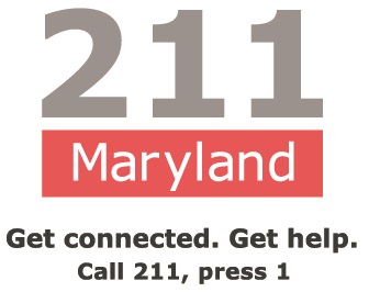 211 Maryland Get Connected. Get Help. Call 211_ press 1 Black letters on white background. 