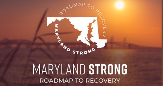 Sunset picture of Bay Bridge as background to Maryland Strong logo in white letters.