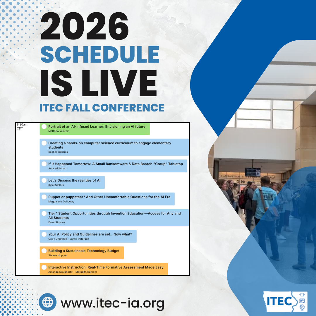Promotional graphic announcing that the 2026 ITEC Fall Conference schedule is live, with a session schedule, conference photo, and the website www.itec-ia.org.