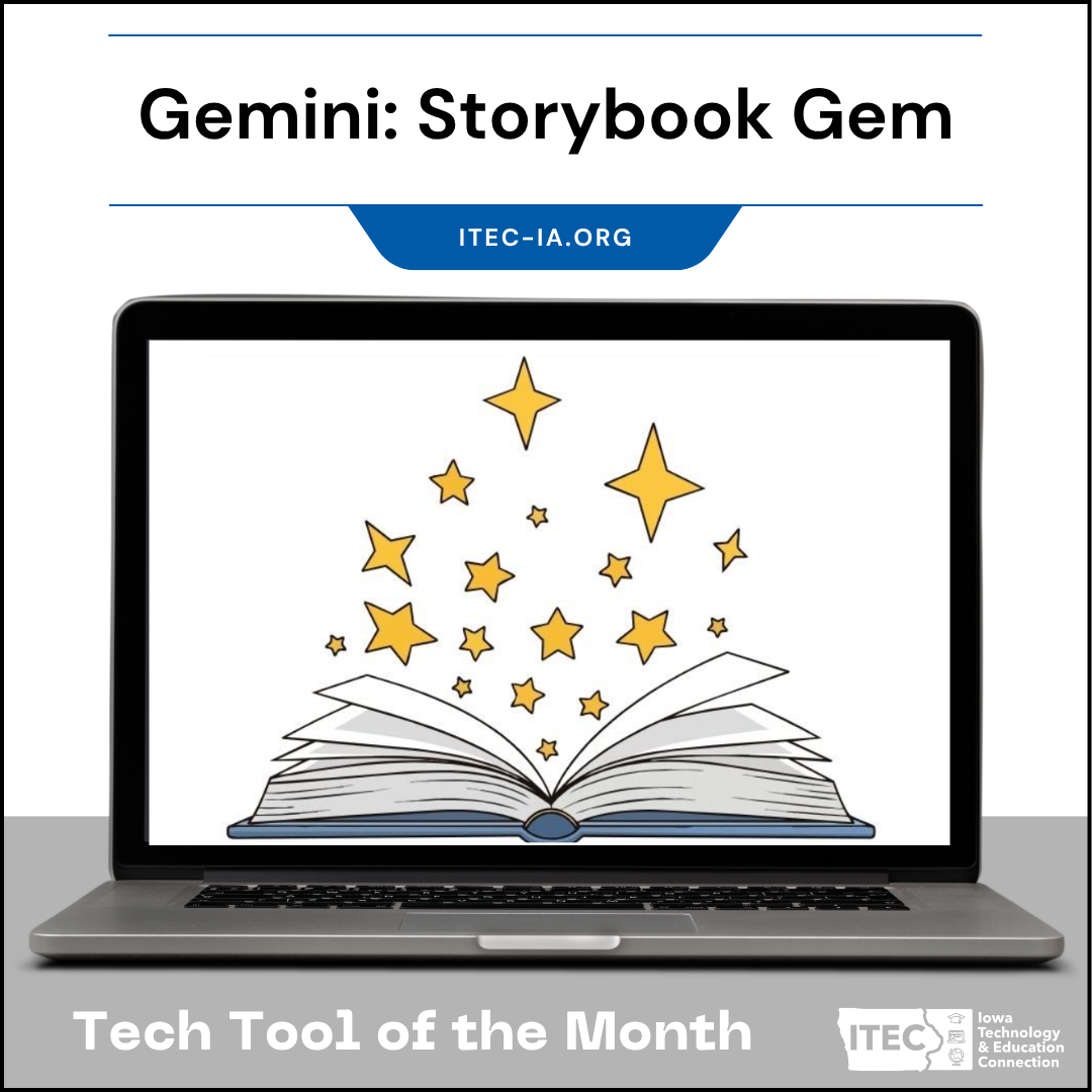 Promotional graphic titled “Gemini: Storybook Gem,” showing a laptop with an open book and golden stars rising from its pages.
