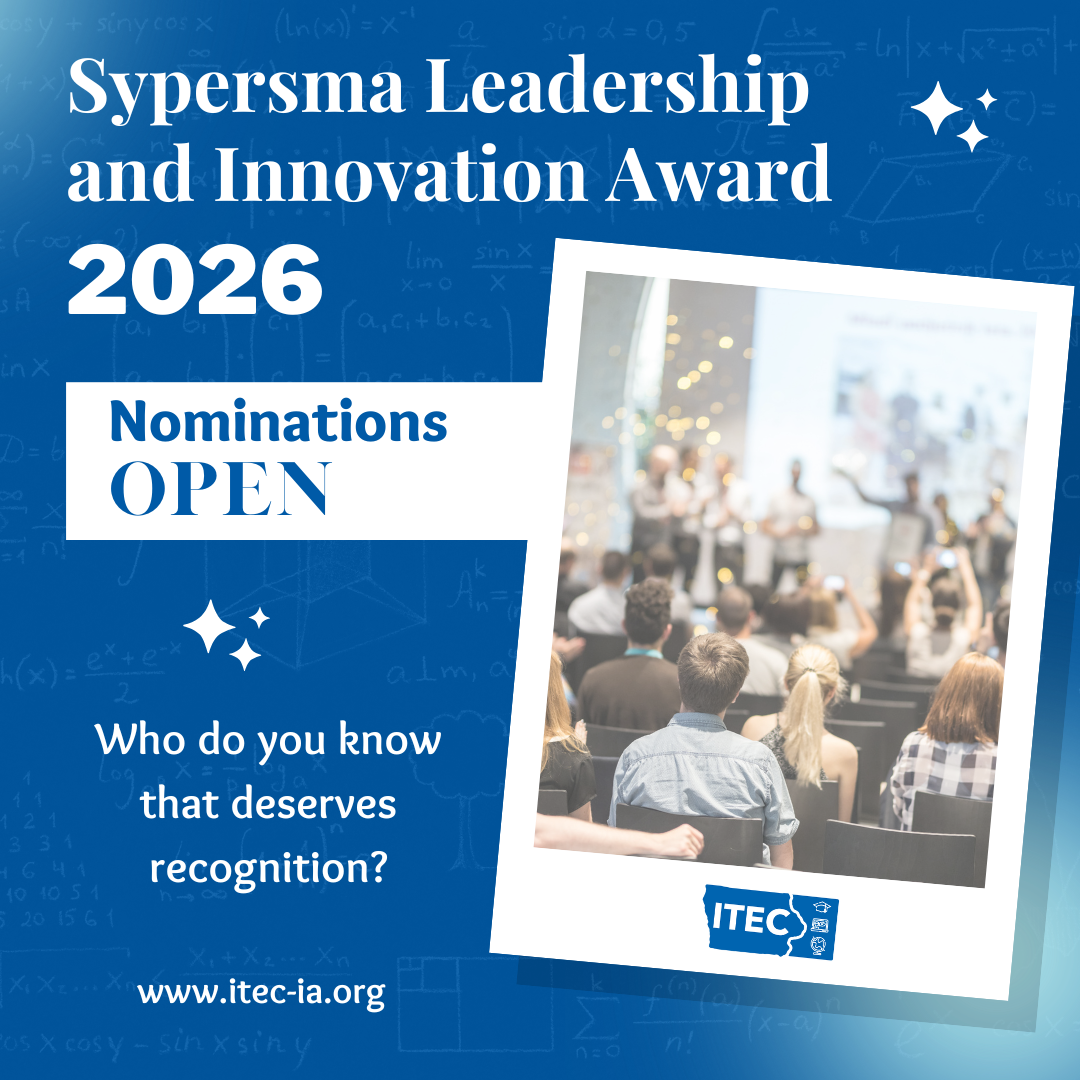 Promotional graphic for the 2026 Syspersma Leadership and Innovation Award announcing that nominations are open, with a photo of an audience and the website www.itec-ia.org.