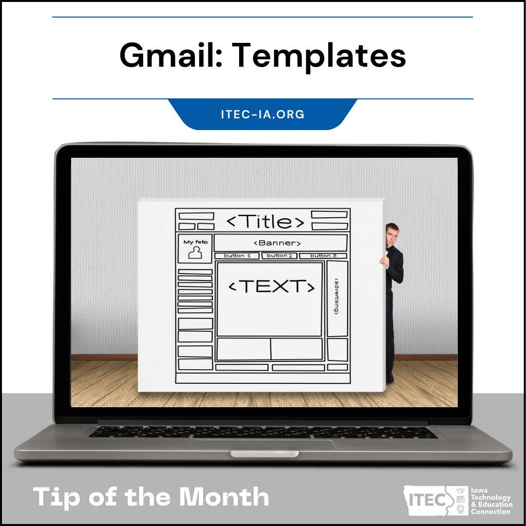 Promotional graphic showing a laptop displaying a webpage template wireframe, titled “Gmail: Templates.”