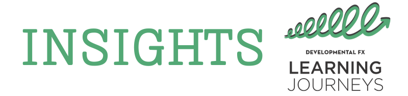 Green text on white background that says "Insights" on the left with a green spiral pointing upward in the upper right side of the image and below that in black text it says Developmental FX Learning Journeys