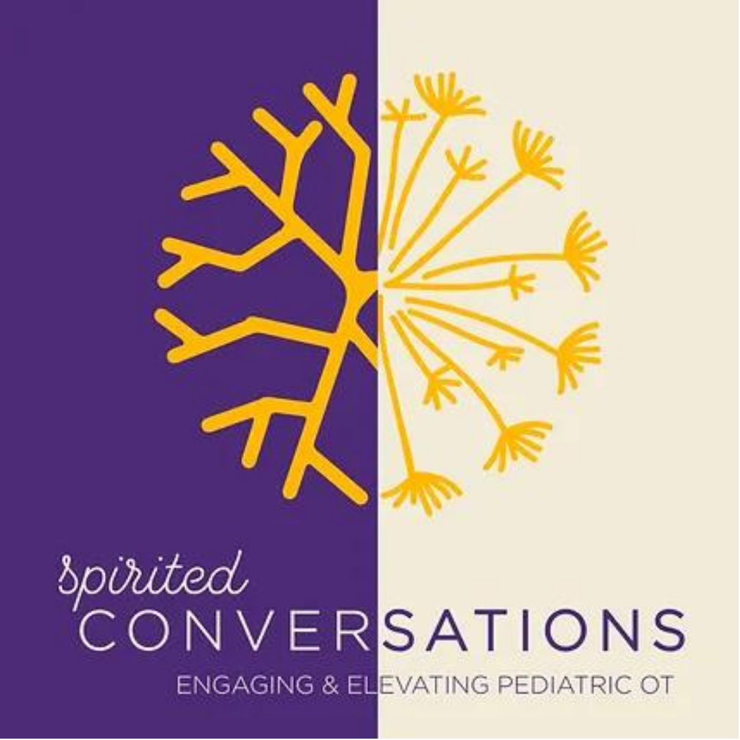 Square that is half purple and half beige with a yellow graphic and text that says Spirited Conversations