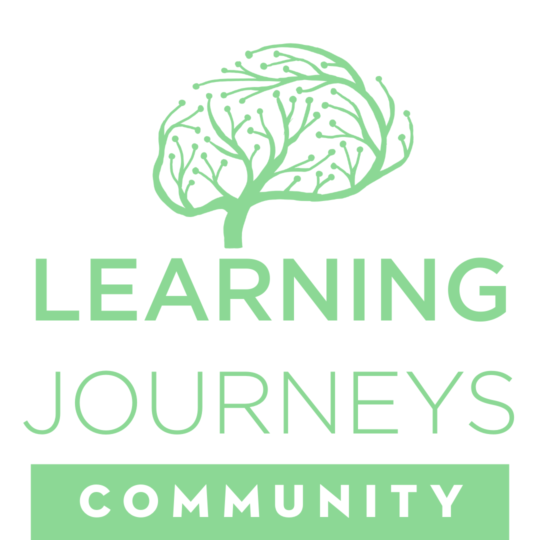 green text on white background says "Learning Journeys Community" with a graphic of neural pathways above it