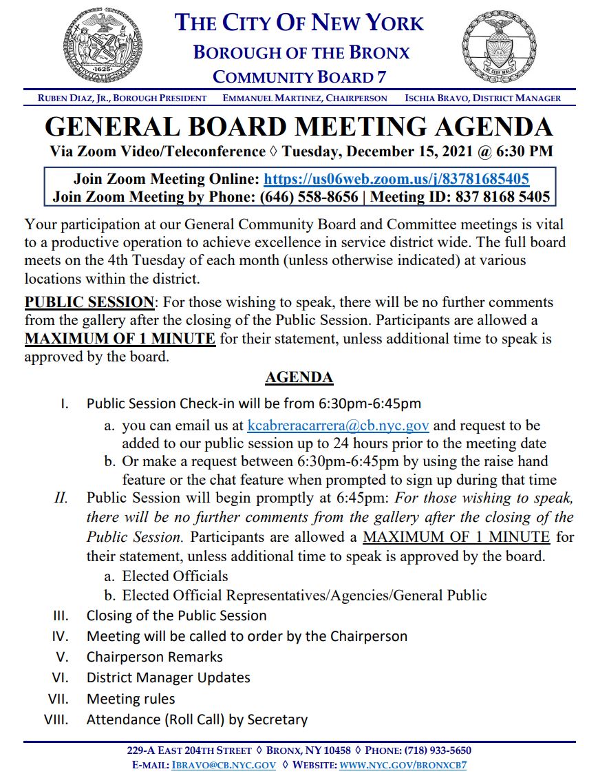 Update CB7 General Board Meeting
