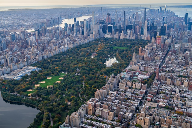 aerial view of New York City showing Central Park in the middle of buildings