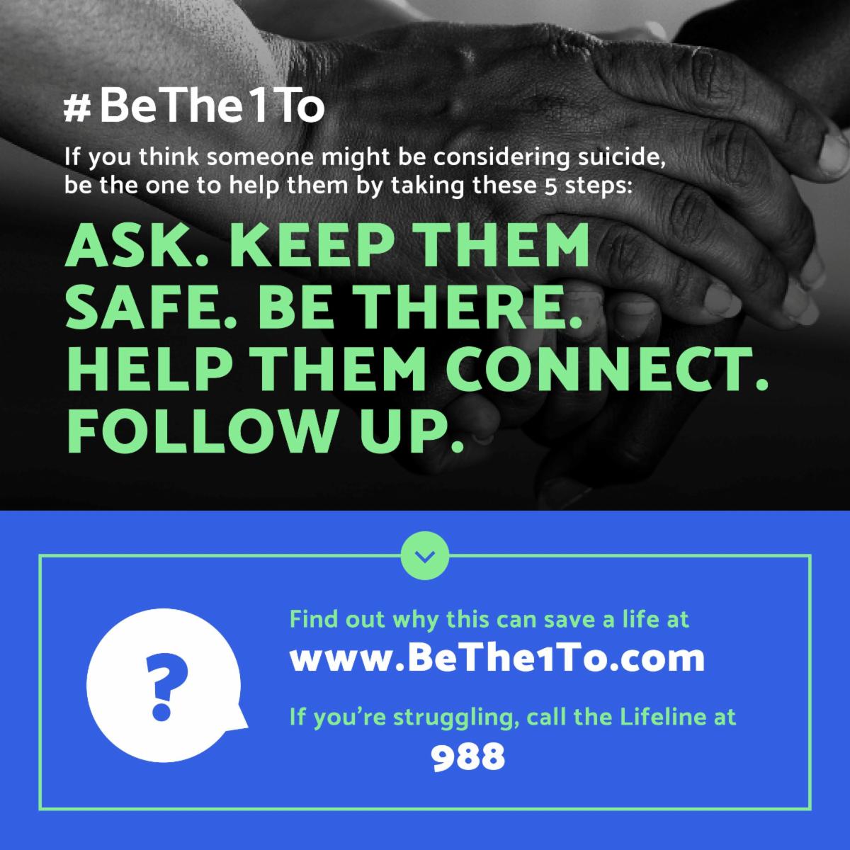 Image showing the 5 steps to #BeThe1To: Ask, Keep them Safe, Be There, Help Them Connect, Follow Up