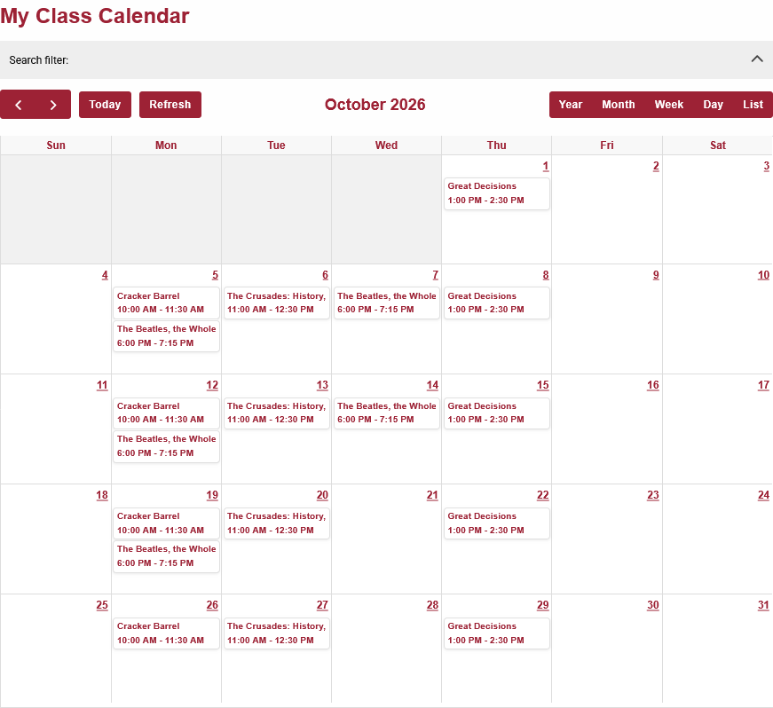 screenshot showing registered classes on a calendar grid