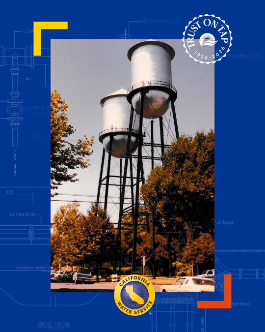 an image of the Chico water towers with the Cal Water and Trust on Tap logos