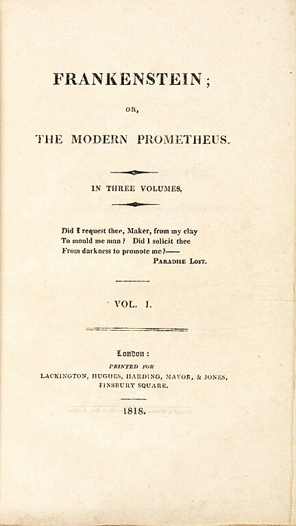 cover page of the 1818 edition of Frankenstein
