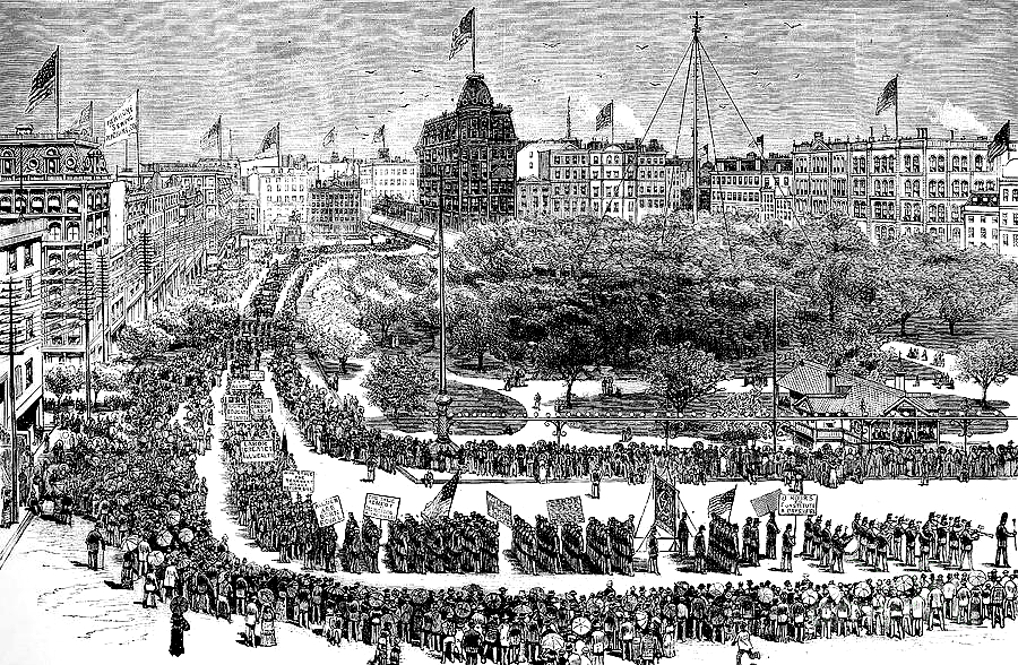 A drawing of the first Labor Day parade in New York in 1882