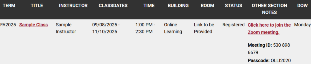 Screenshot showing a Zoom link on the class list page