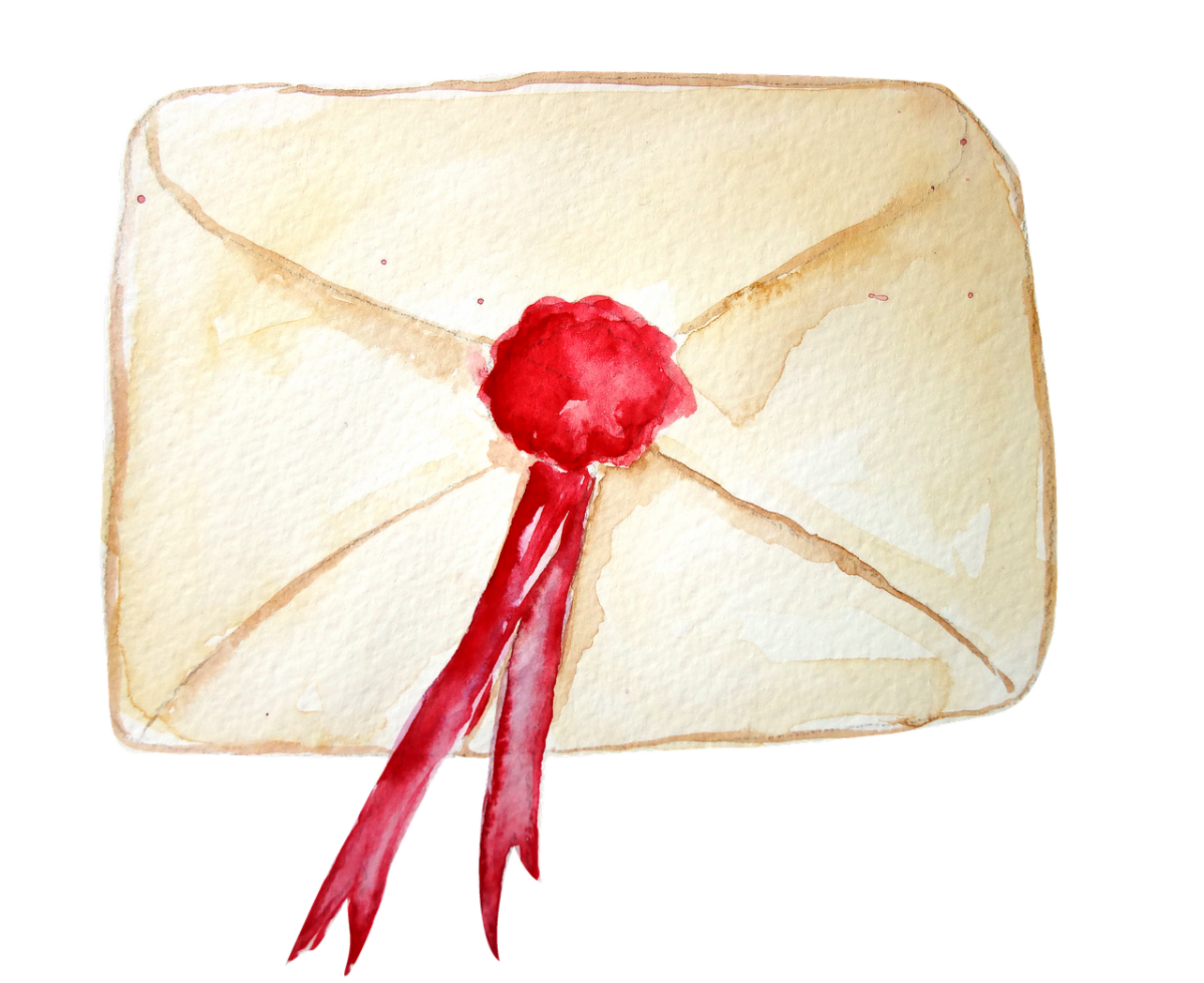 An image of an envelope with a red seal and ribbon