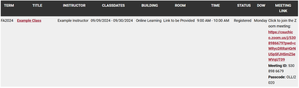 Screenshot showing the Zoom link in the class list
