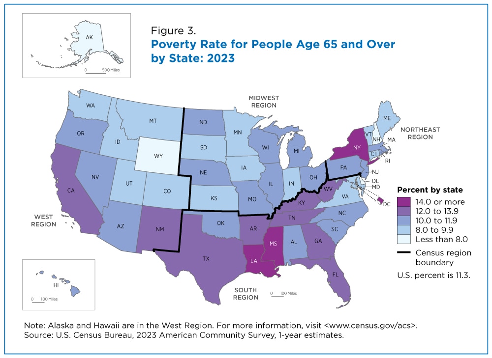 a map showing poverty rates for adults over 65 by state