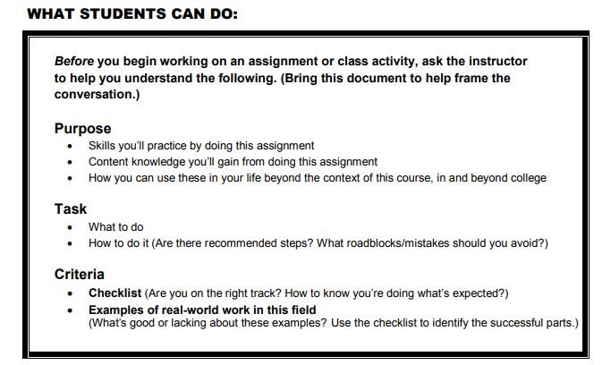 Pic of handout "what students can do" to make assignments more transparent