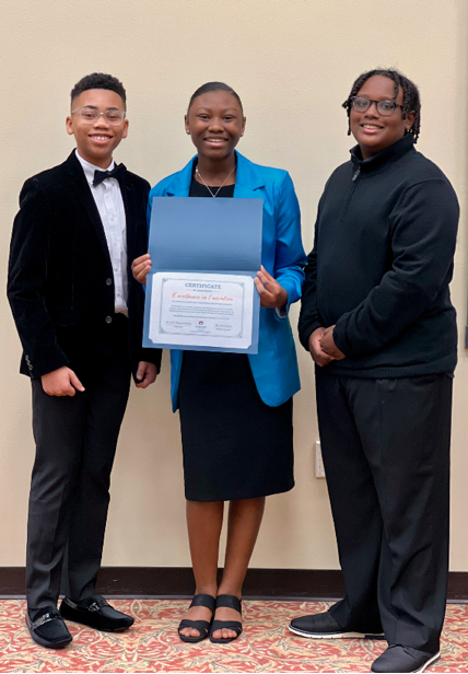 1st Place pitch winners (from left to right): Braylen Cobb, Leilani Ferguson, & Christian Batts. These YPiT program students pitched an idea for a self-cleaning gutter system.