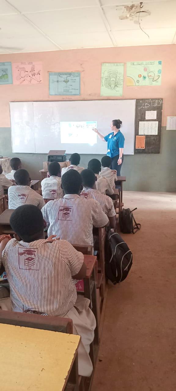 Hanna Kraker conducting service learning in a classroom during the Ghana Service Learning program.