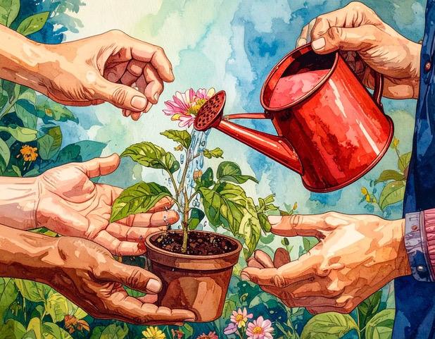 small potted plant with red watercan and hands