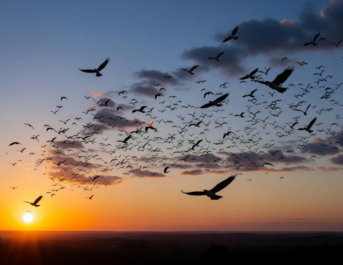 birds in flight - a murmuration - with a sun setting in the background